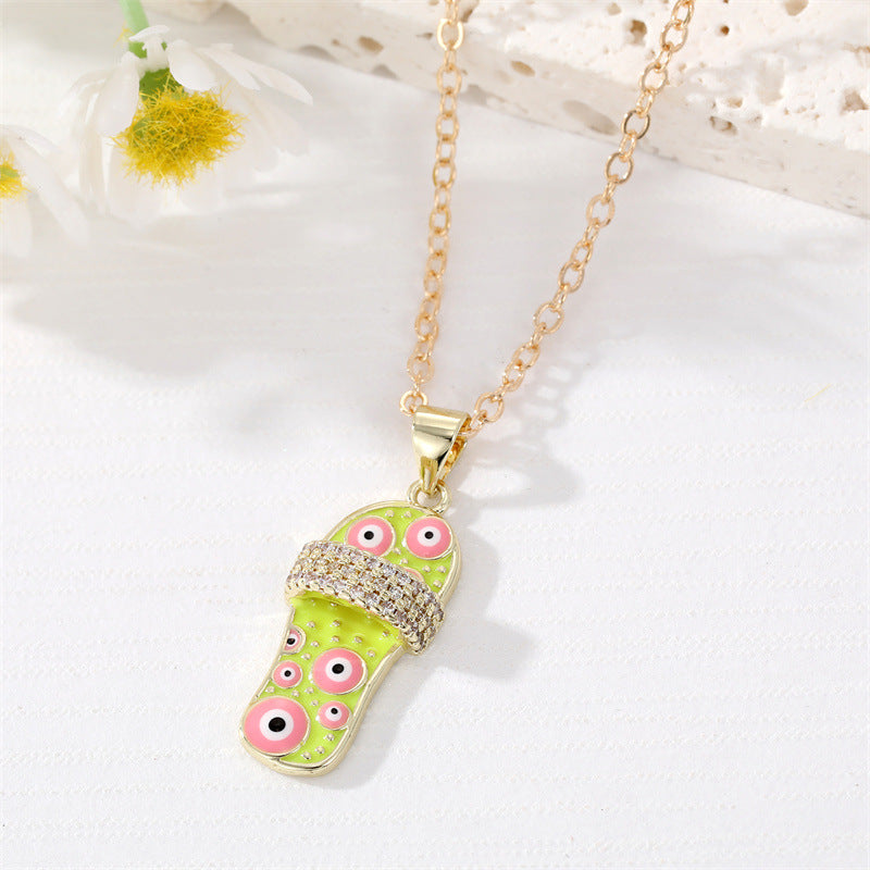 Wholesale Micro Paved Color Zircon Oil Drip Slipper Pendant Alloy Necklaces